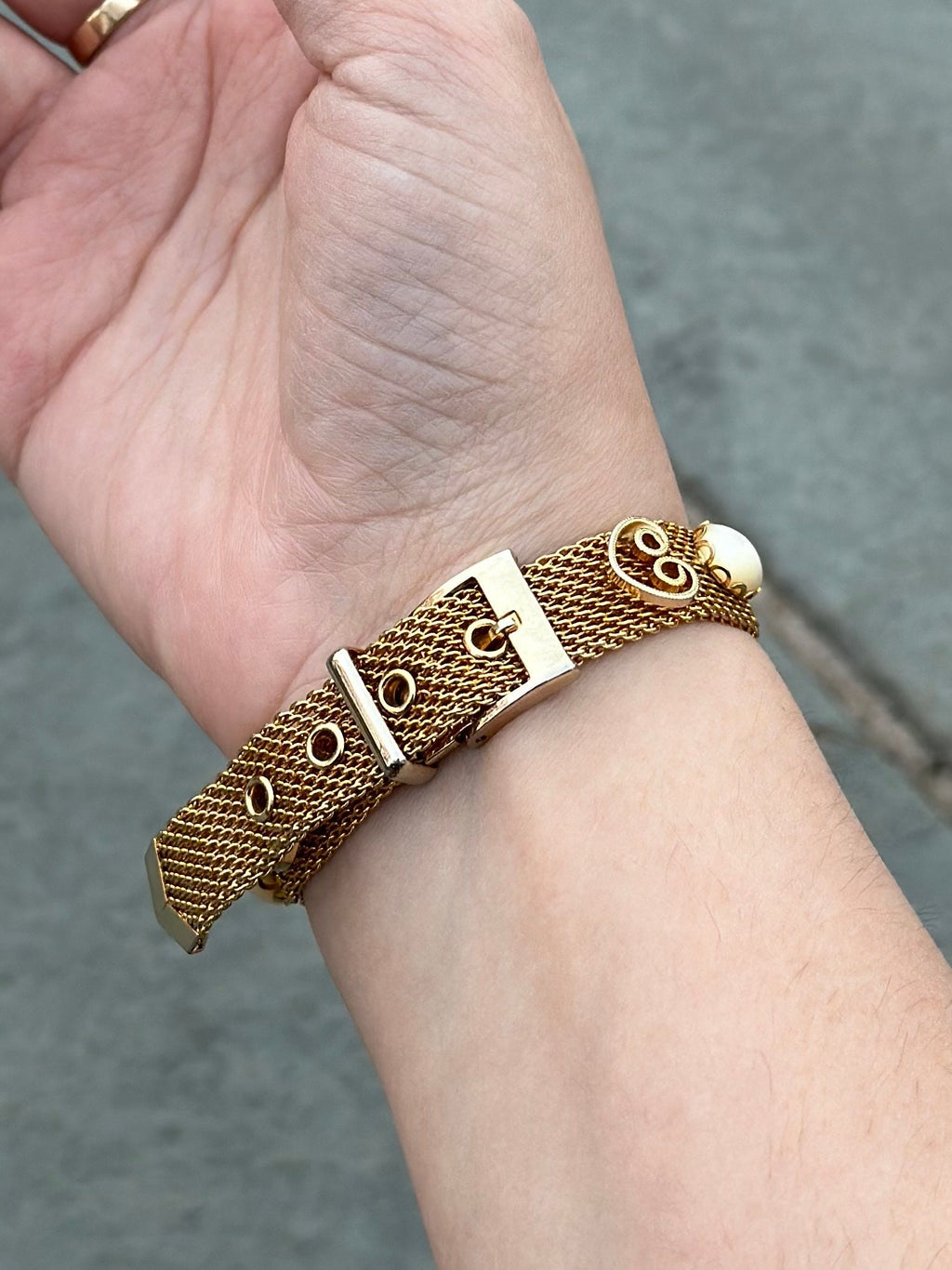 1970s Vintage Gold Tone Mesh Belt Bracelet with Cabochon Faux Opal Stones Midcentury