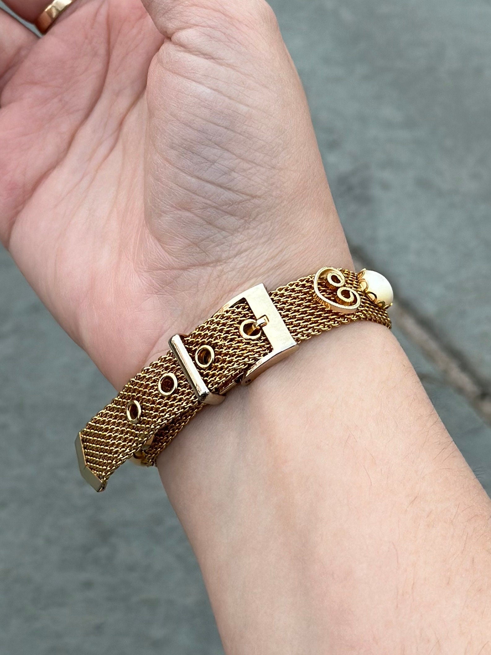 1970s Vintage Gold Tone Mesh Belt Bracelet with Cabochon Faux Opal Stones Midcentury