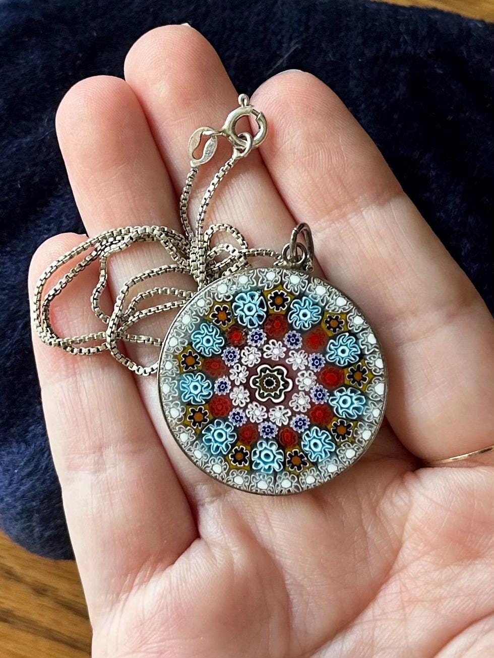 Vintage Italian 800 Silver Handcrafted Murano Millefiori Glass Round Pendant on Sterling Silver Box Chain Necklace