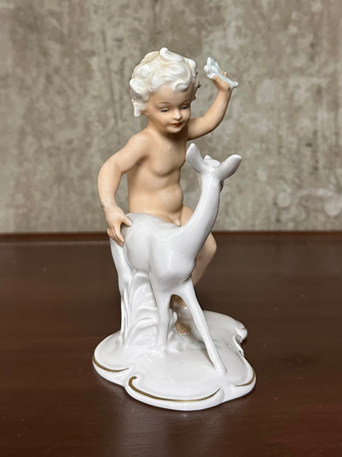 1950s Schau Bach Kunst Germany Porcelain Cherub Boy with Deer Figurine