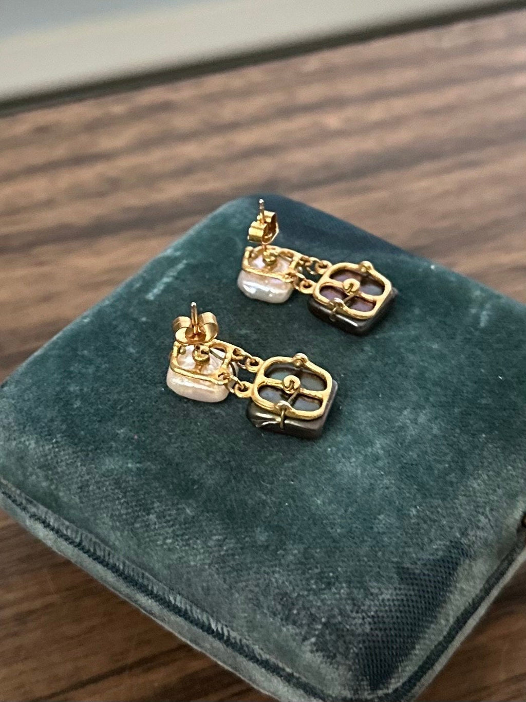 Baroque Style Square Mother of Pearl & Abalone Wire Wrapped Gold Tone Dangle Drop Earrings