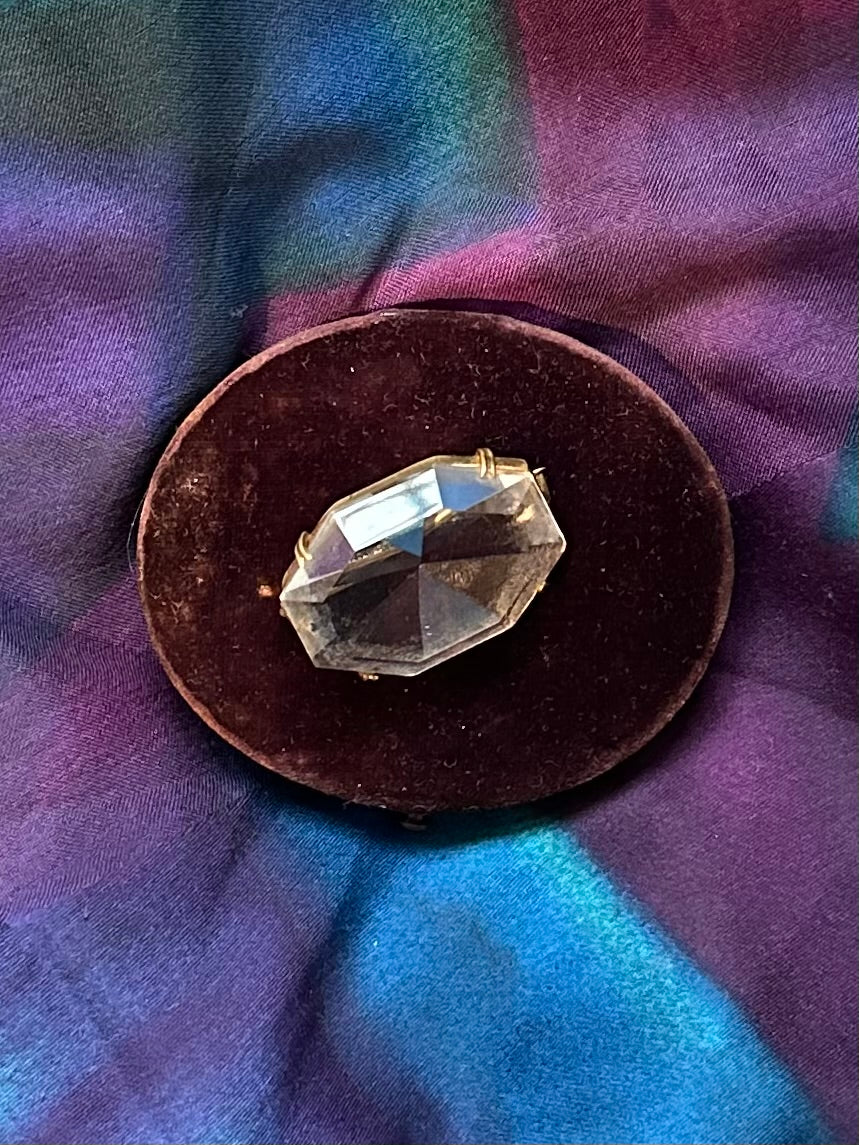 Antique Art Deco Czechoslovakia Faceted Clear Cut Glass Octagonal Gold Tone Brooch Pin