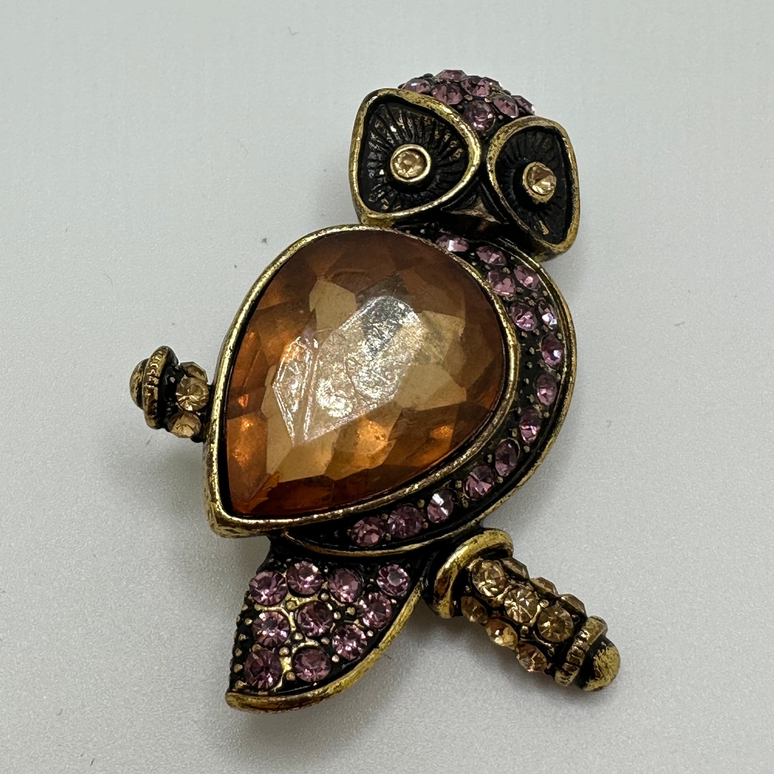Vintage Signed Monet Gold Tone Owl Brooch Pin with Pink Rhinestones Large Orange Faceted Stone