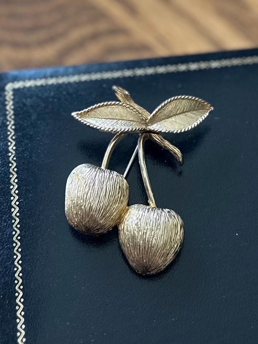 Vintage 1960s Signed SARAH COVENTRY Brushed Gold Tone Cherry Brooch Midcentury