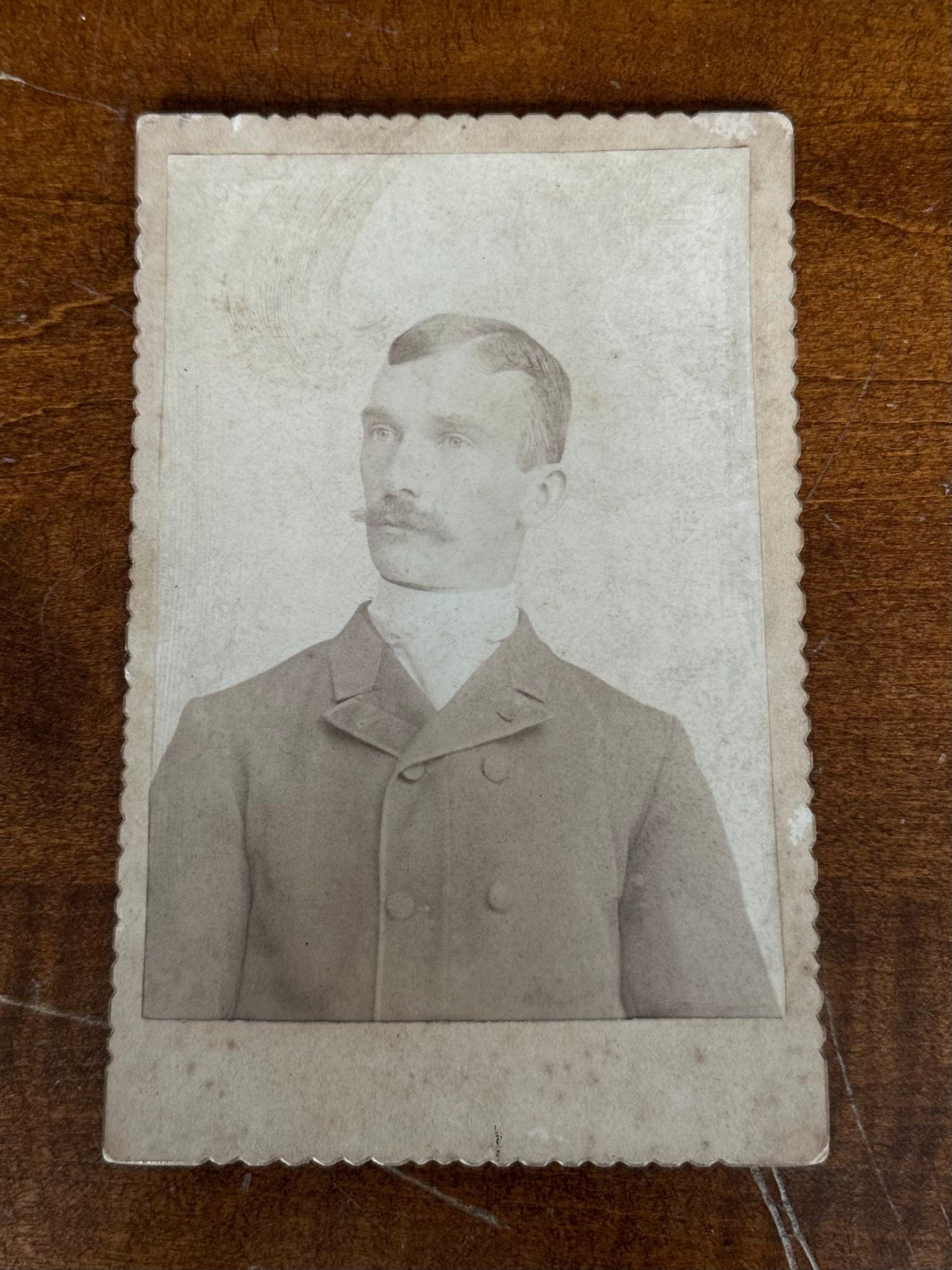 Antique Late 1800s Cabinet Card Crimped Edges Portrait of a Man with Mustache