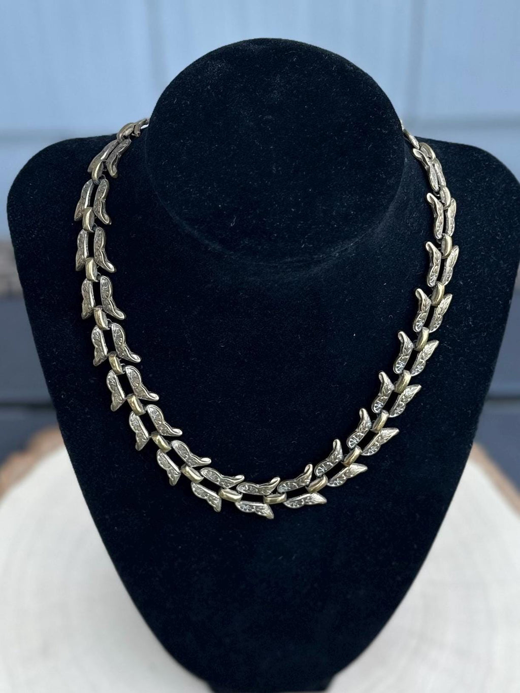 Vintage 1940s 1950s Signed BY MARINO Bronze Tone Floral Etched Link Chain Necklace RARE Midcentury 15.75”
