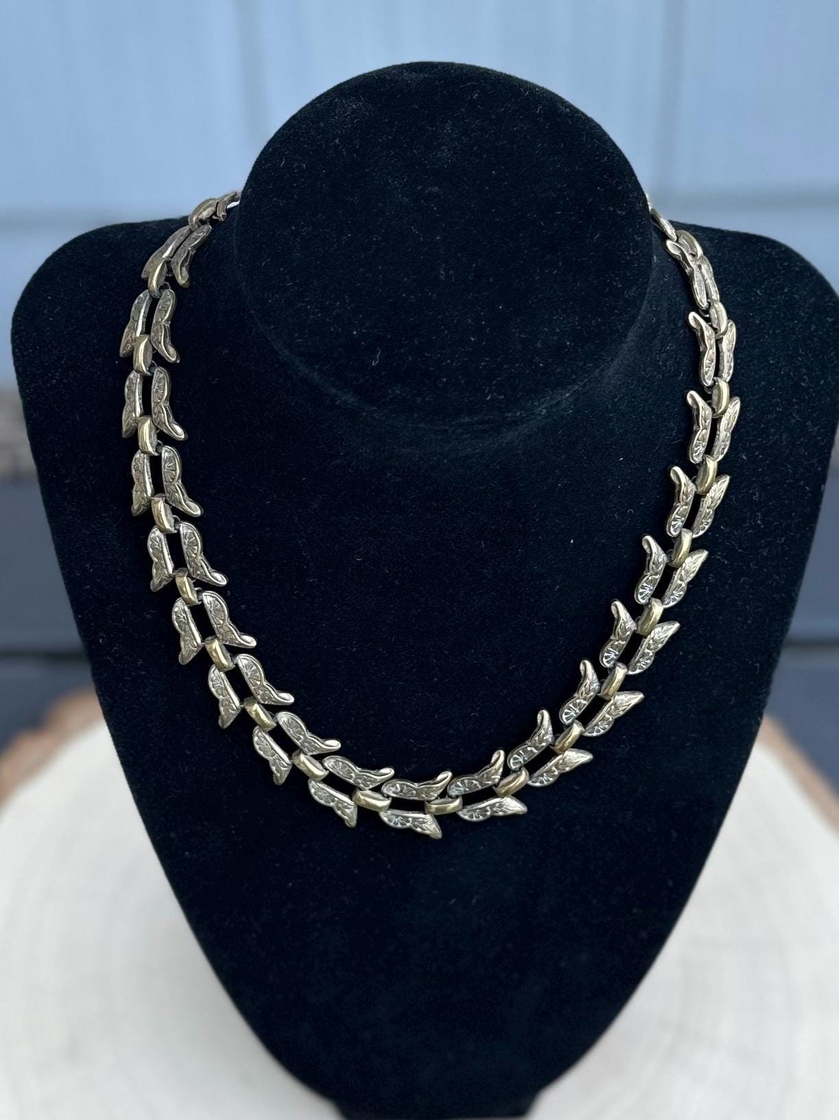 Vintage 1940s 1950s Signed BY MARINO Bronze Tone Floral Etched Link Chain Necklace RARE Midcentury 15.75”