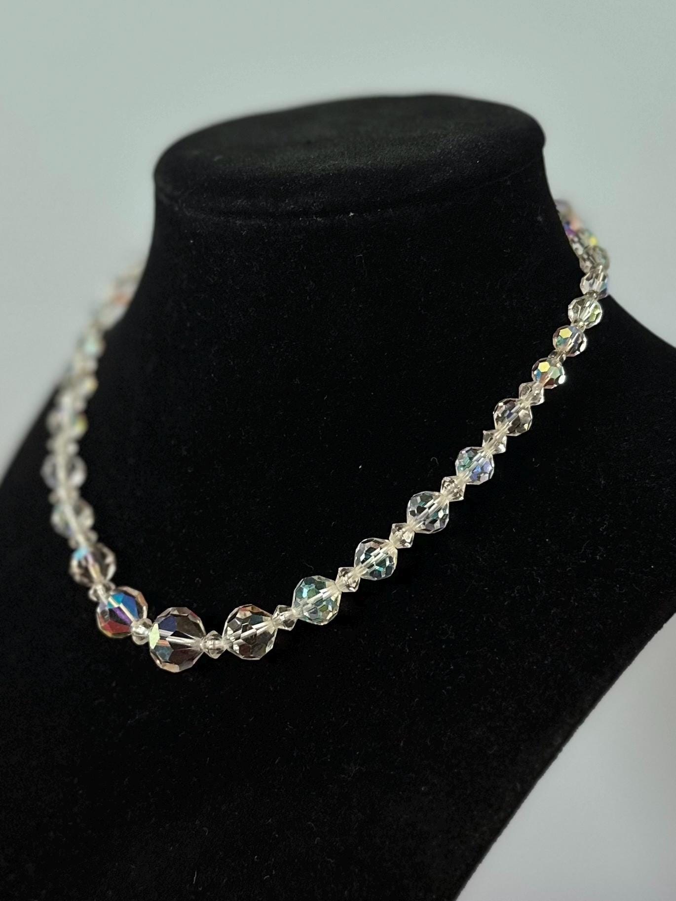 Vintage 1950s Midcentury Faceted Iridescent Clear Graduated Crystal Beaded Necklace Adjustable 15.25” Hook Closure