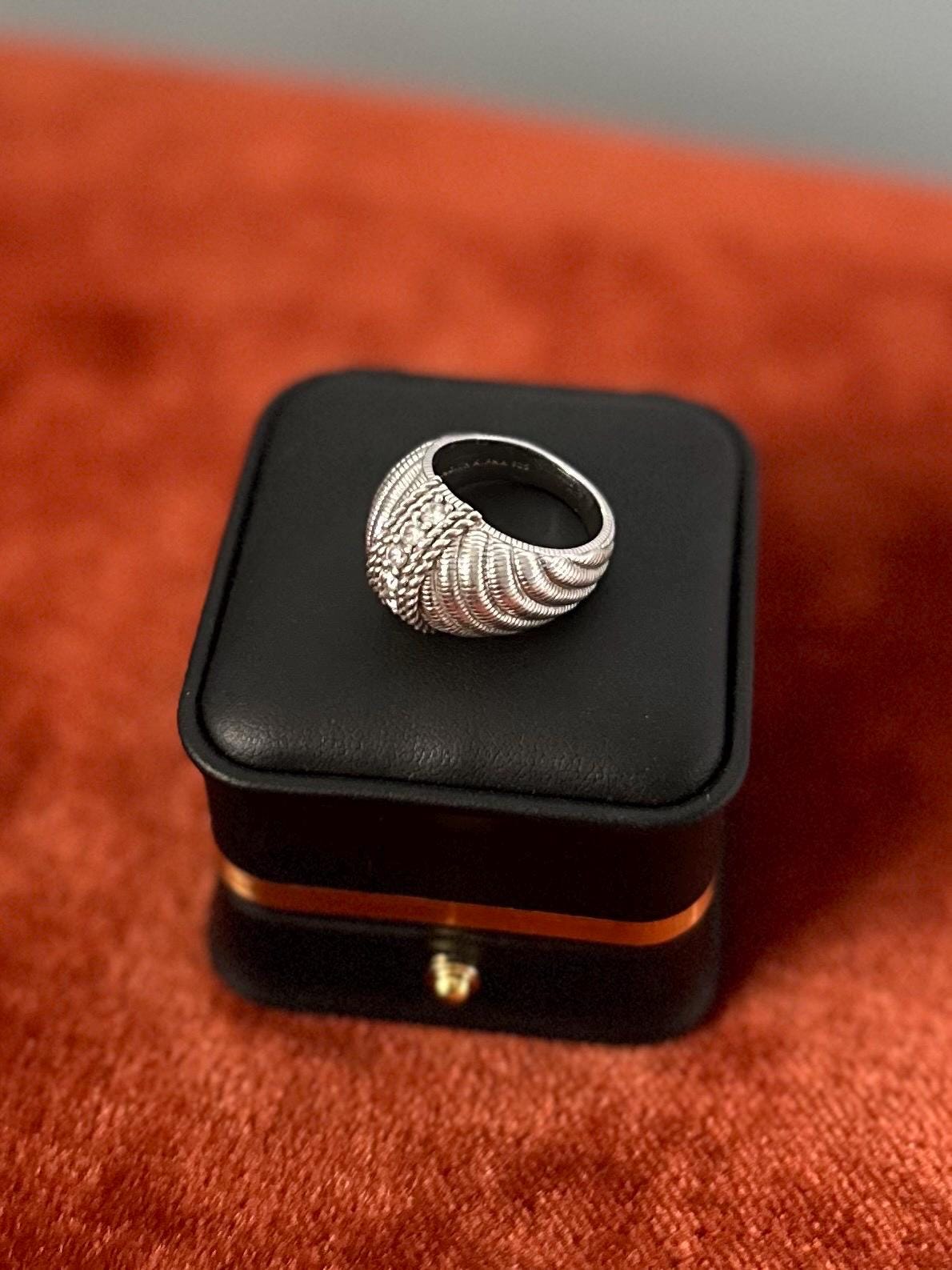 JUDITH RIPKA Sterling Silver Domed Swirl Cubic Zirconia Statement Ring Signed US Size 8