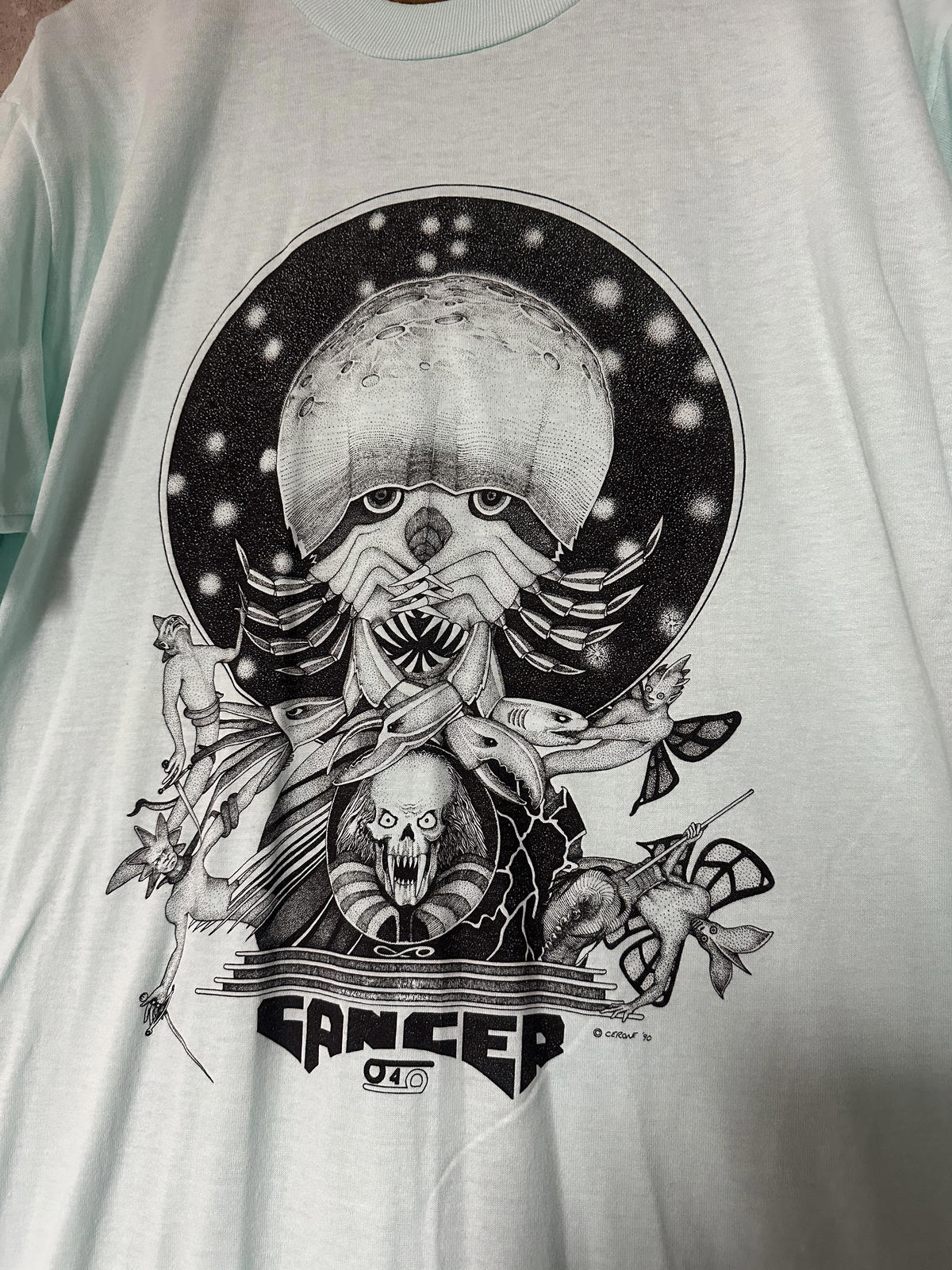 1990 Cancer Zodiac Graphic Tee Cerone Occult Skull Art Single Stitch