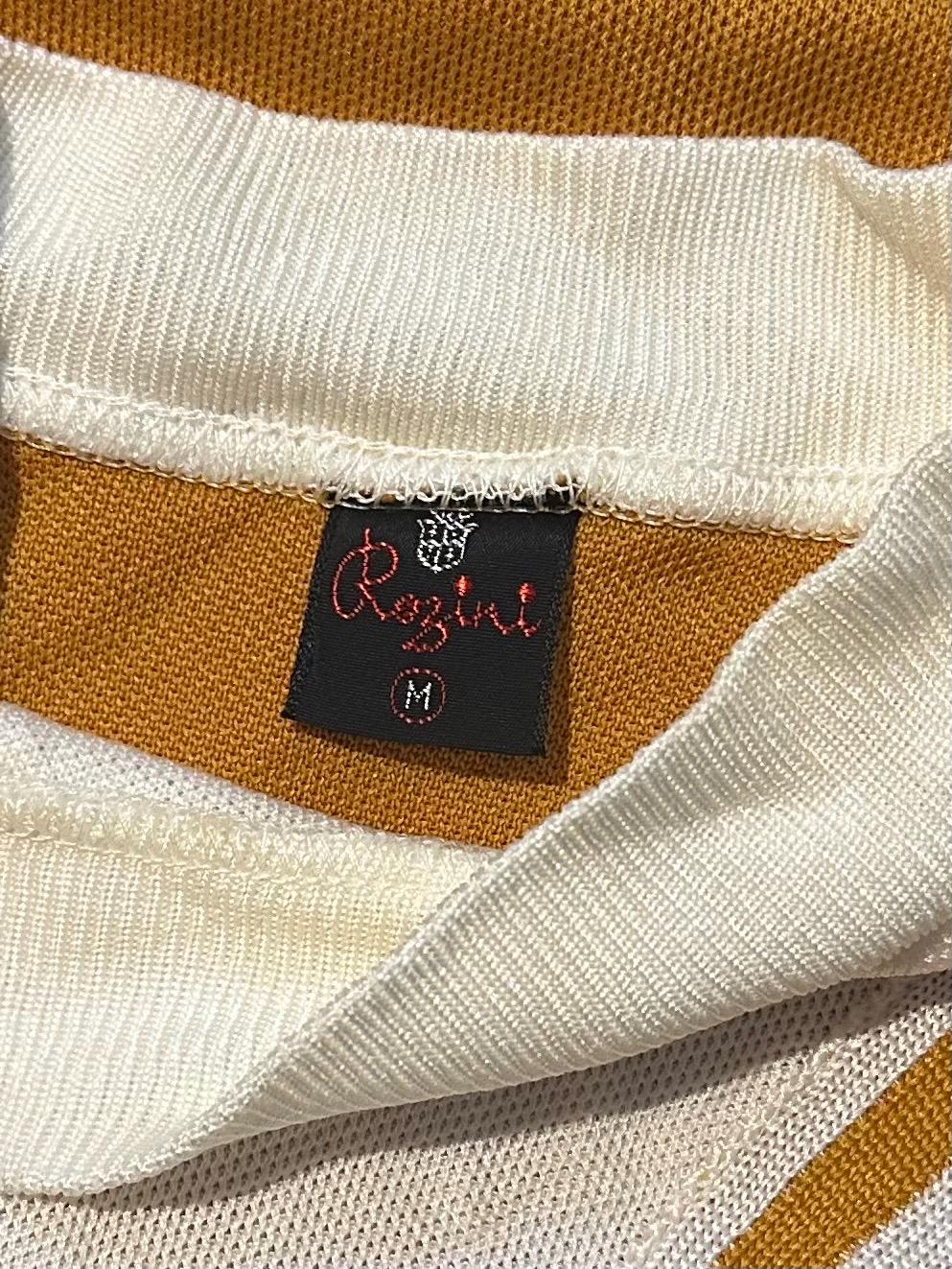 Vintage 1960s Rozini Medium Golden Yellow & White T-shirt Mock Neck V Neck Jersey Polyester