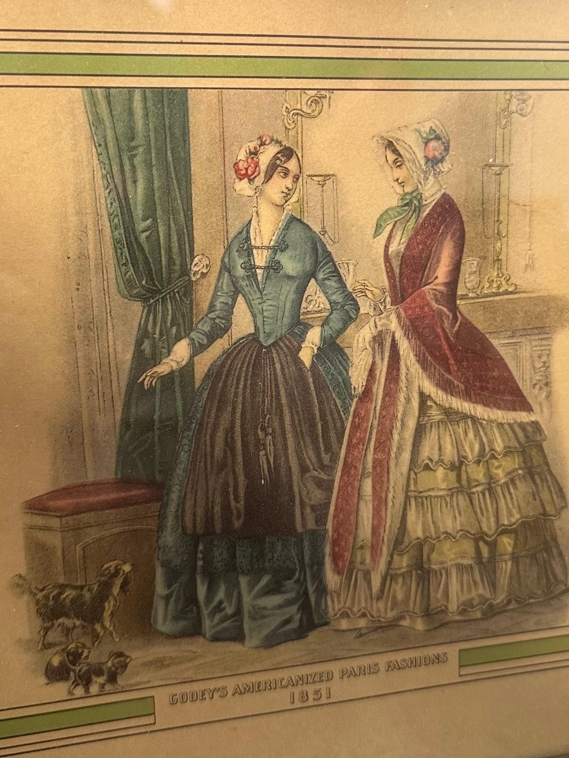 Vintage Wood Framed Godey’s Americanized Paris Fashions 1851 Colored Print 12.75x9.75