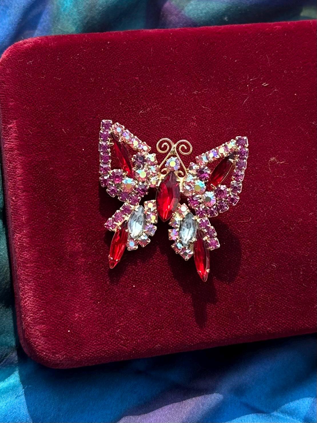 Vintage Midcentury Red, Pink & Aurora Borealis AB Faceted Rhinestone Butterfly Brooch Gold Tone