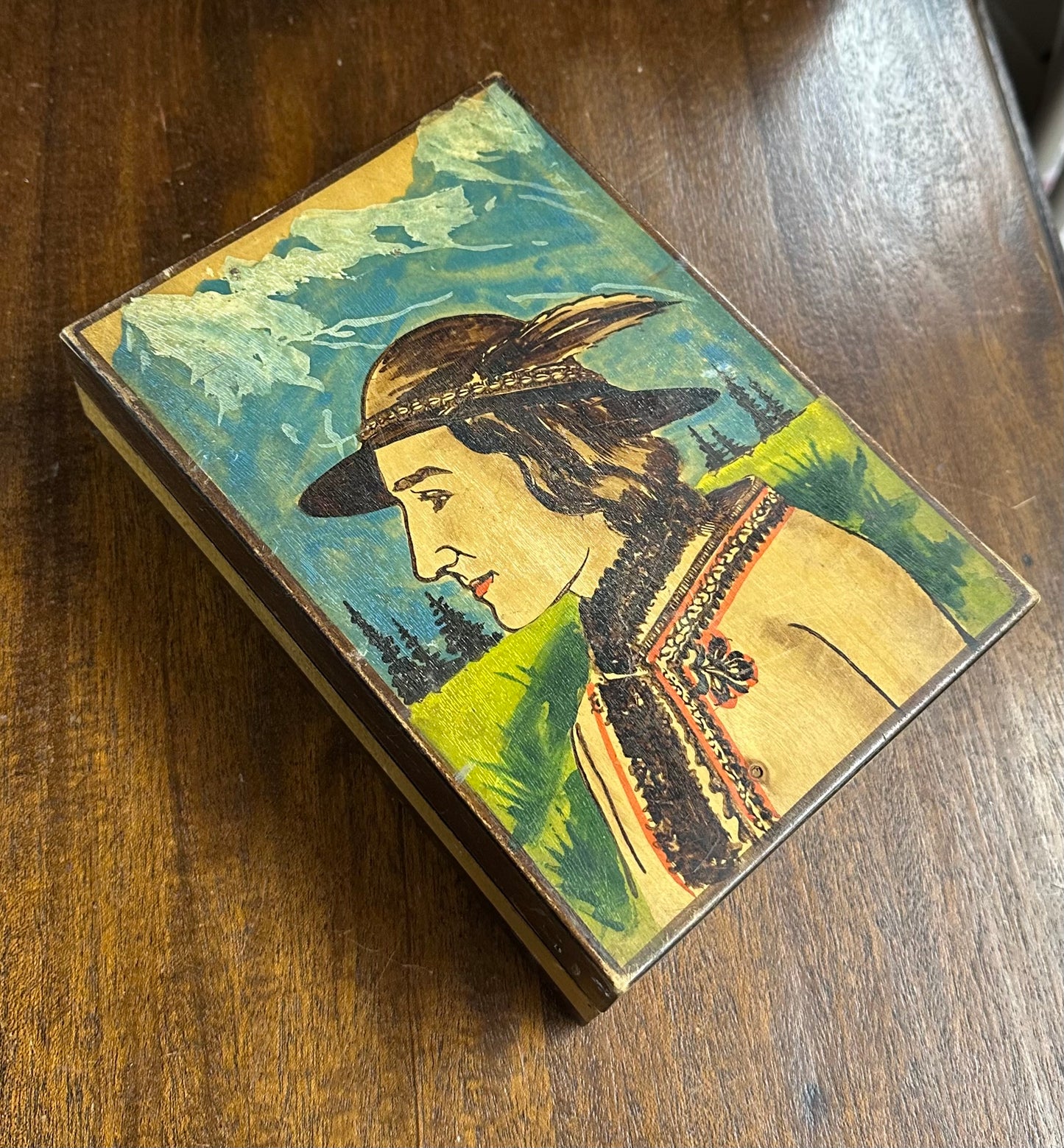 Vintage European Folk Art Hand Carved & Hand Painted Wood Lidded Trinket Box