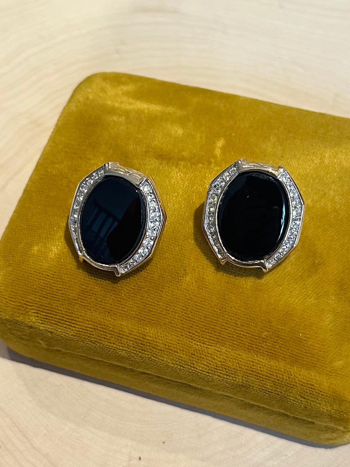 Vintage Signed Panetta Gold Tone Faux Black Onyx & Rhinestone Statement Earrings