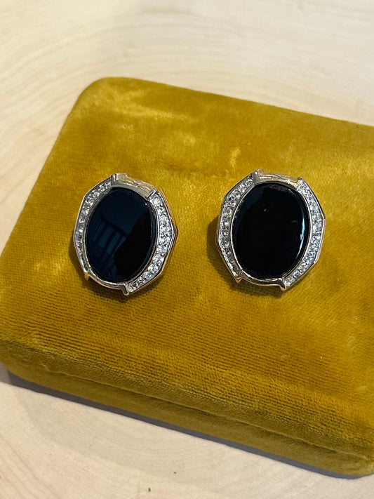 Vintage Signed Panetta Gold Tone Faux Black Onyx & Rhinestone Statement Earrings