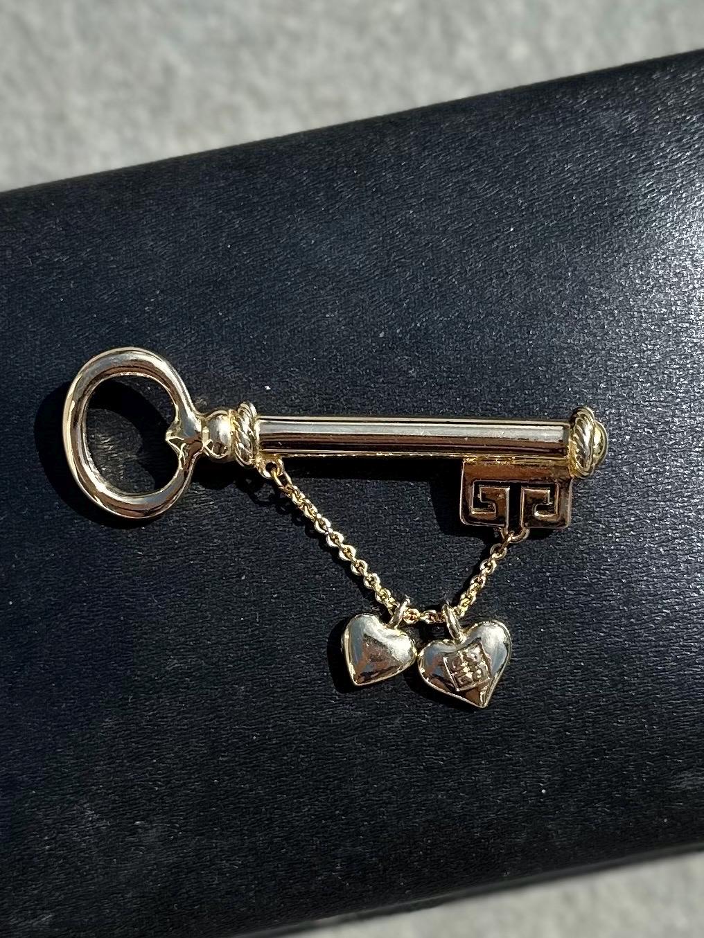 Vintage Signed GIVENCHY Gold Tone Skeleton Key Dangle Heart Brooch Designer GG Logo