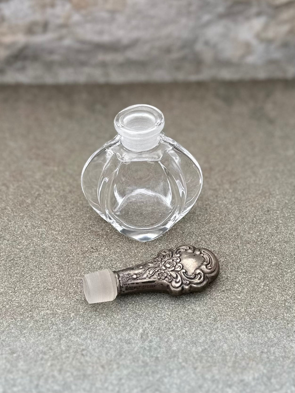 Vintage Signed Towle Sterling Silver Encased Stopper Glass Perfume Bottle Floral Rose Design