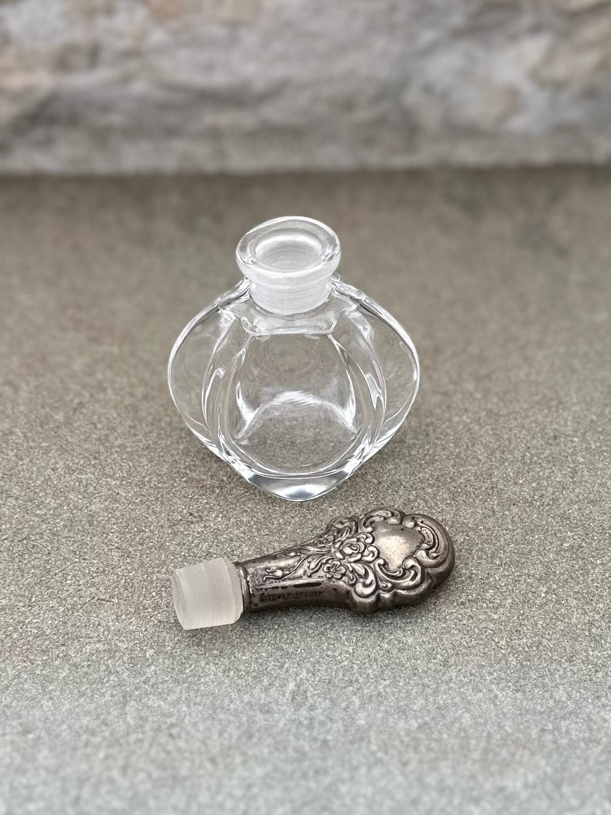 Vintage Signed Towle Sterling Silver Encased Stopper Glass Perfume Bottle Floral Rose Design