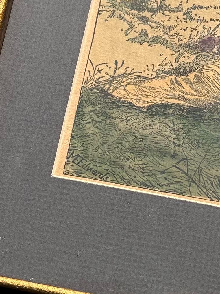 Framed Antique 1891 Hand Coloured Etching Print Two Victorian Women by Mary Ellen Edwards Signed 11.5x9.5”