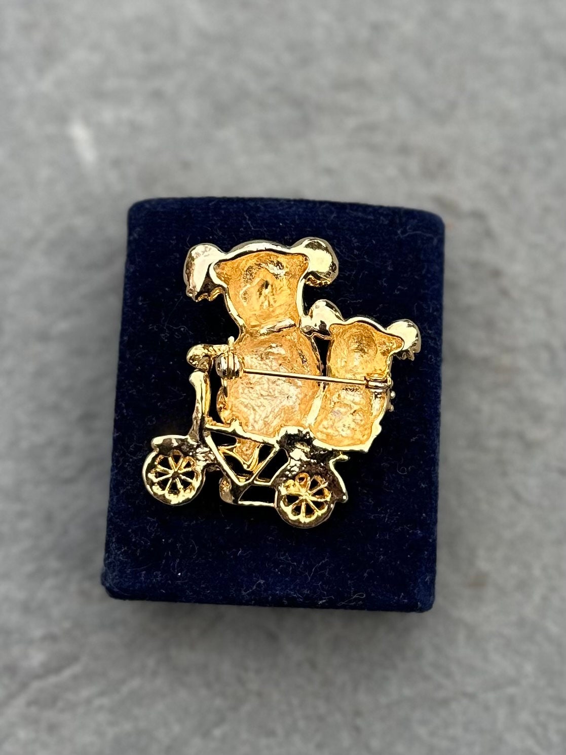 Vintage Gold Tone Koala Bear and Cub with Red Rhinestone Eyes Riding a Bike Brooch Pin