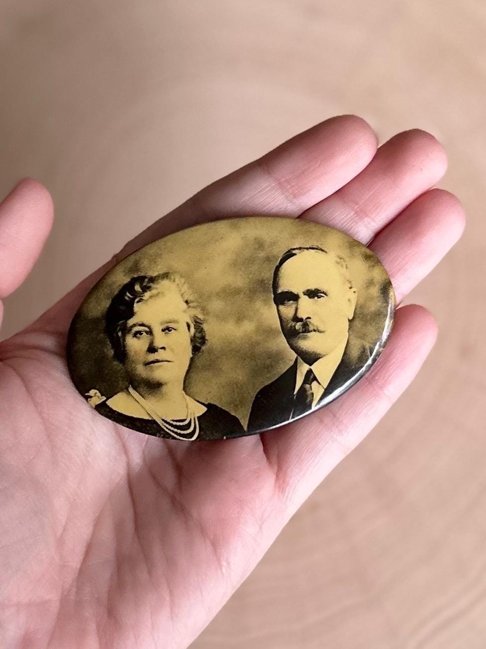 Antique Art Deco 1920s Older Married Couple Oval Pocket Celluloid Mirror Black & White