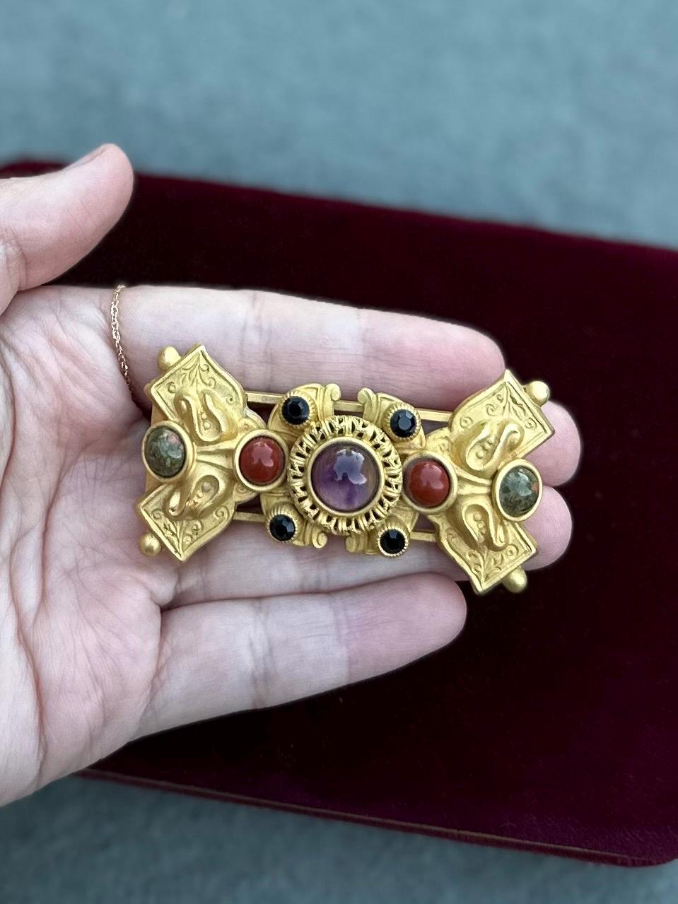 Vintage 1990s Signed NATASHA STAMBOULI Etruscan Revival 18k Gold Plated Amethyst Carnelian Onyx Agate Brooch Pin