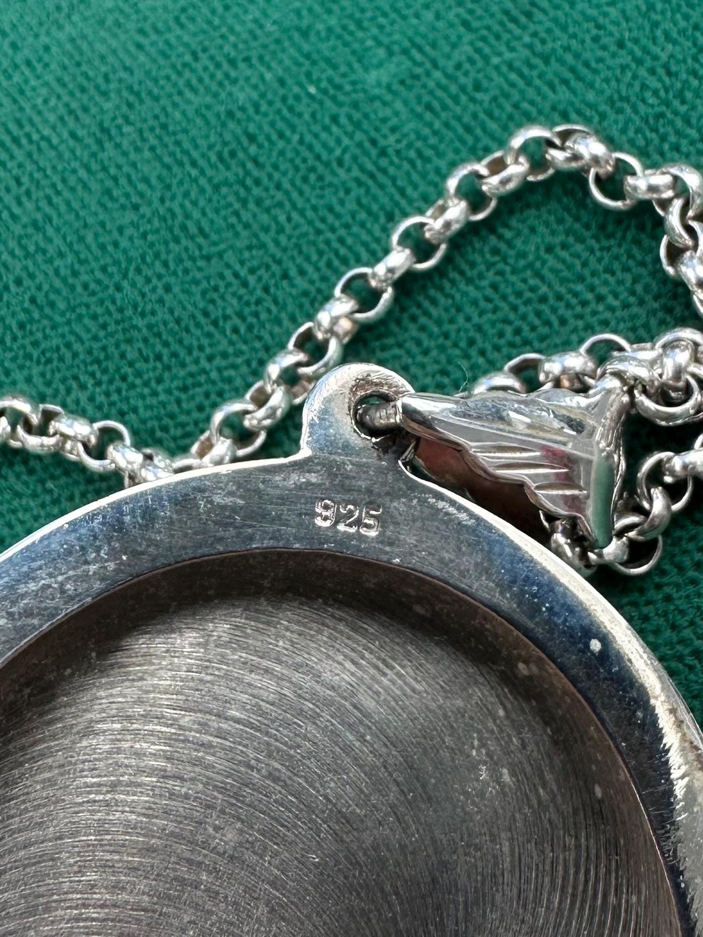 Vintage Hand Engraved Sterling Silver Large Oval Locket Pendant Necklace Rolo Chain 36"