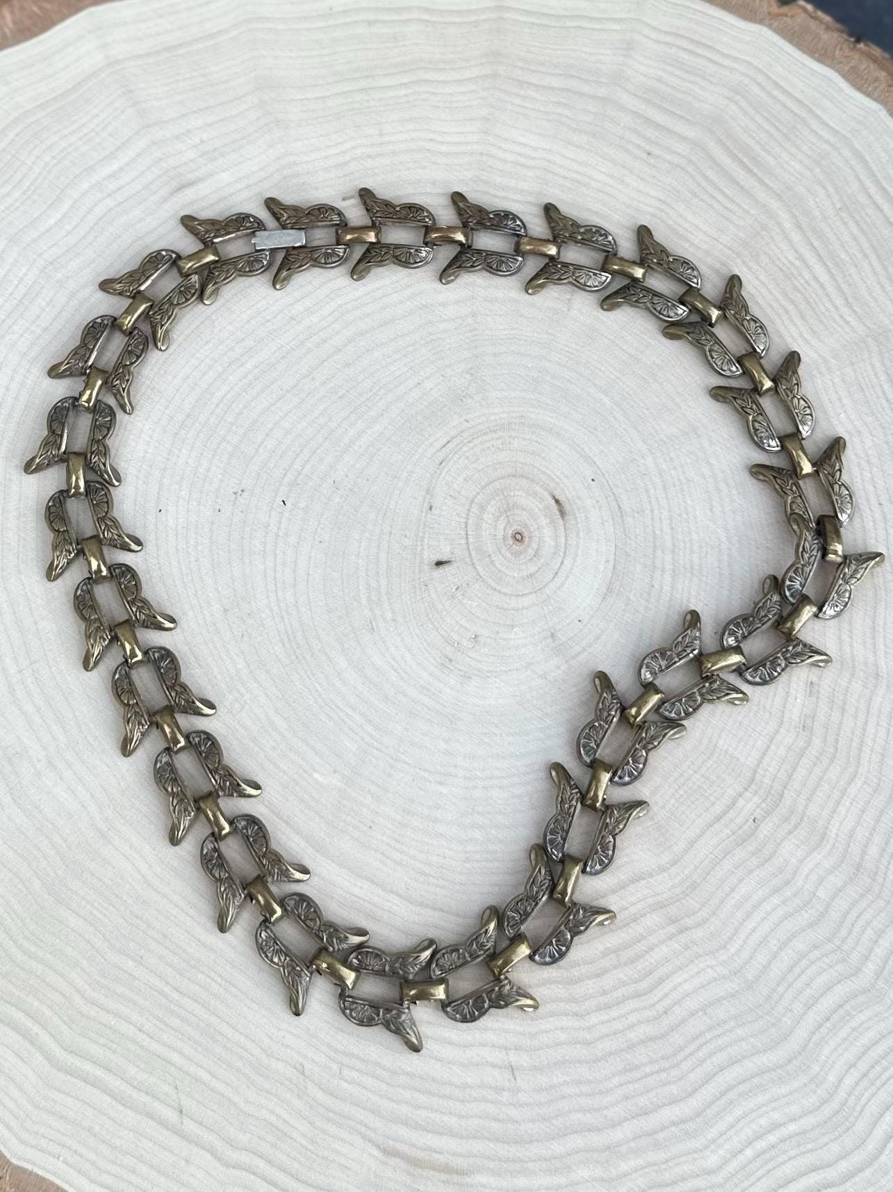 Vintage 1940s 1950s Signed BY MARINO Bronze Tone Floral Etched Link Chain Necklace RARE Midcentury 15.75”