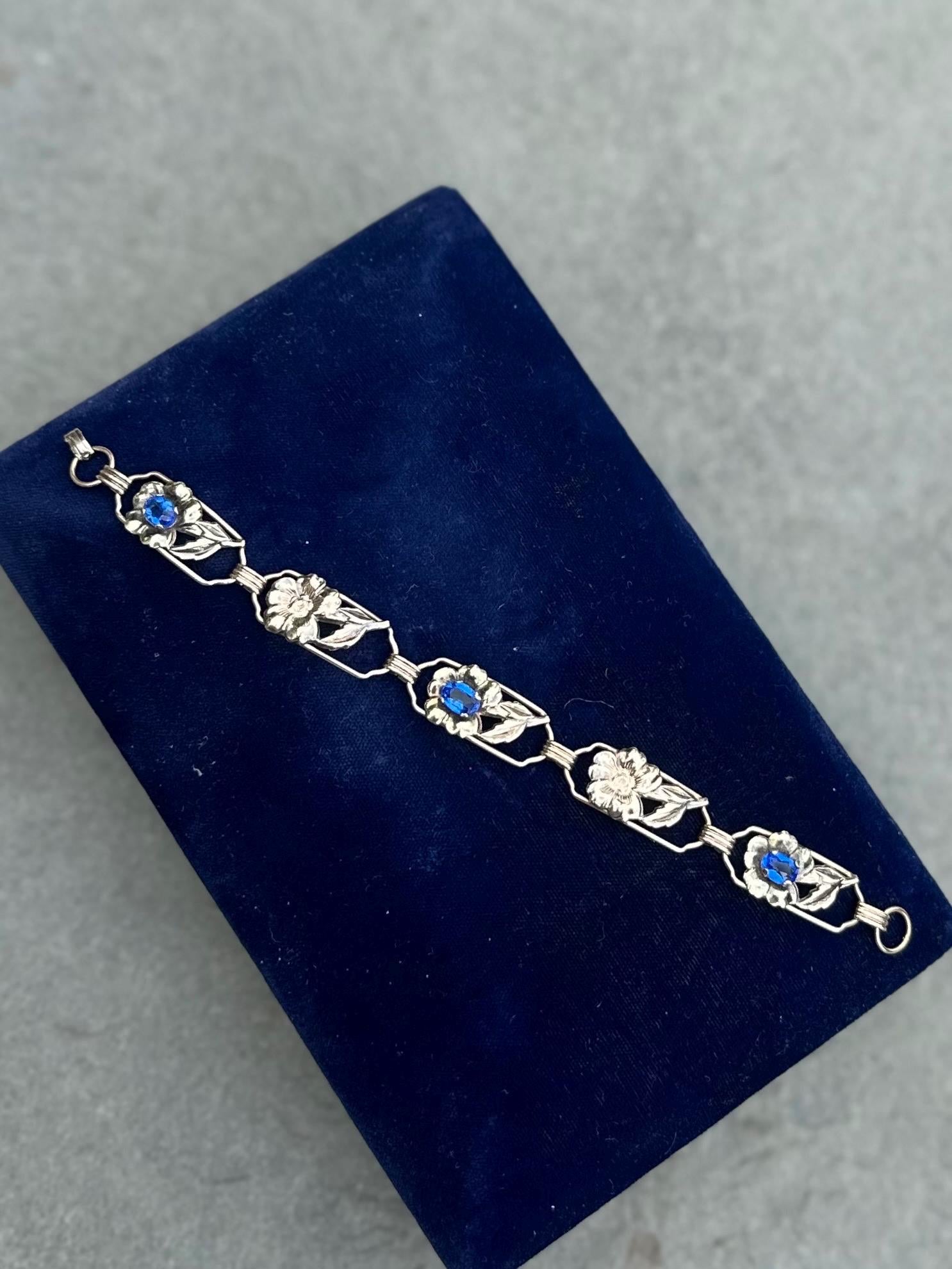 Vintage 1930s Signed Providence Stock Co. 1/20 12k Gold Filled Sterling Silver Floral Blue Rhinestone Link Bracelet