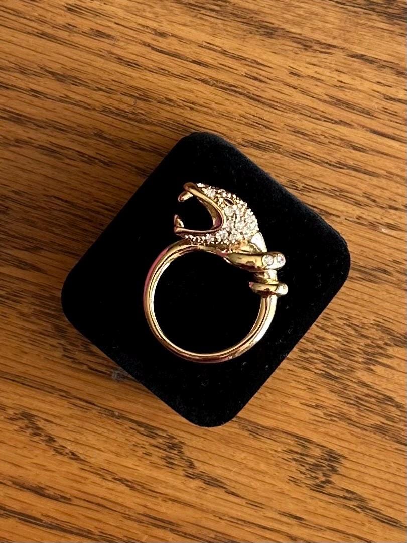 Gold Tone Rhinestone Jewelled Snake Head Serpent Statement Ring US Size 8 1/2