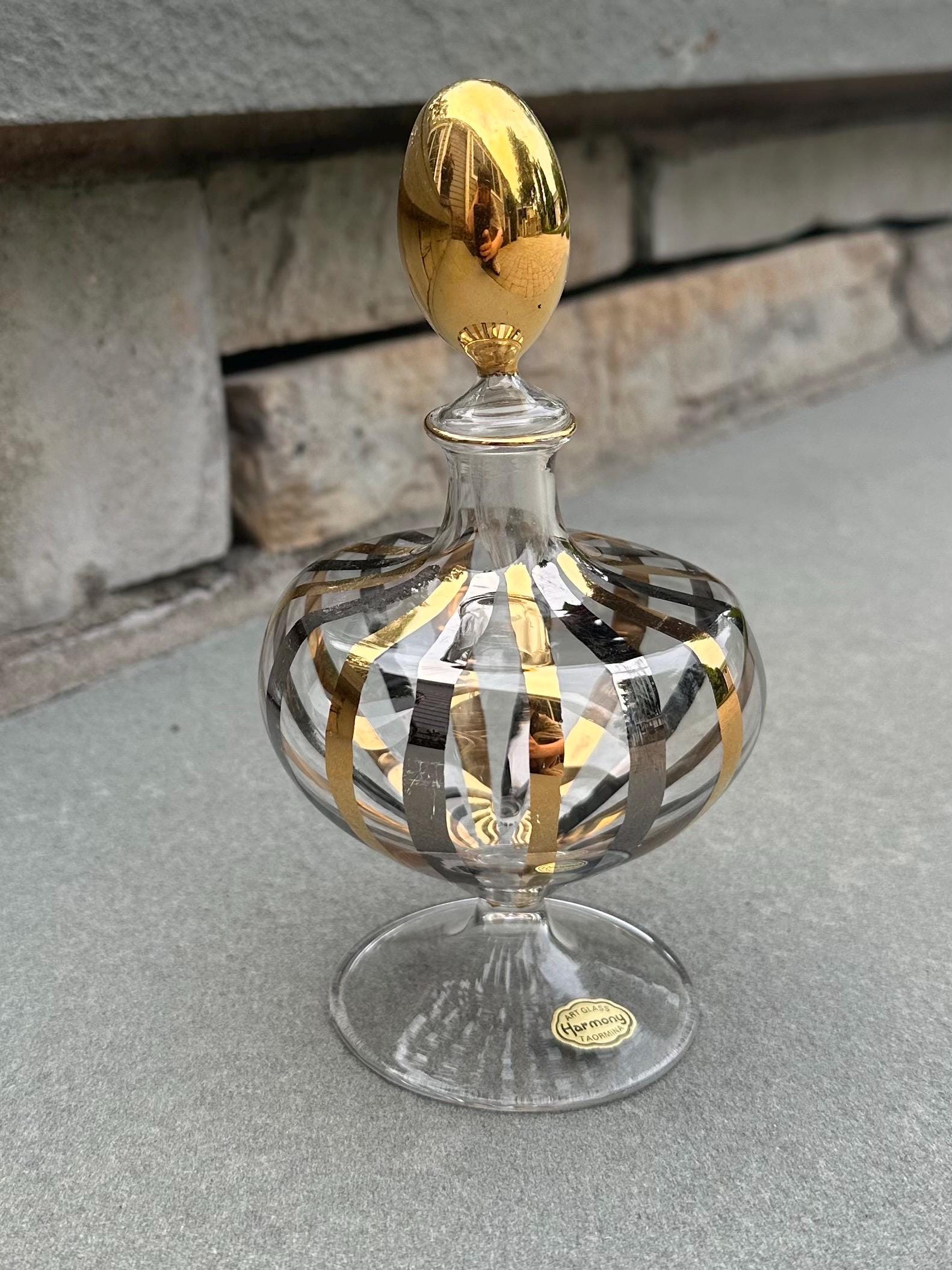 Vintage Midcentury Sicilian Italian Glass Taormina Gold & Silver Hand Painted Perfume Bottle Harmony Art Glass