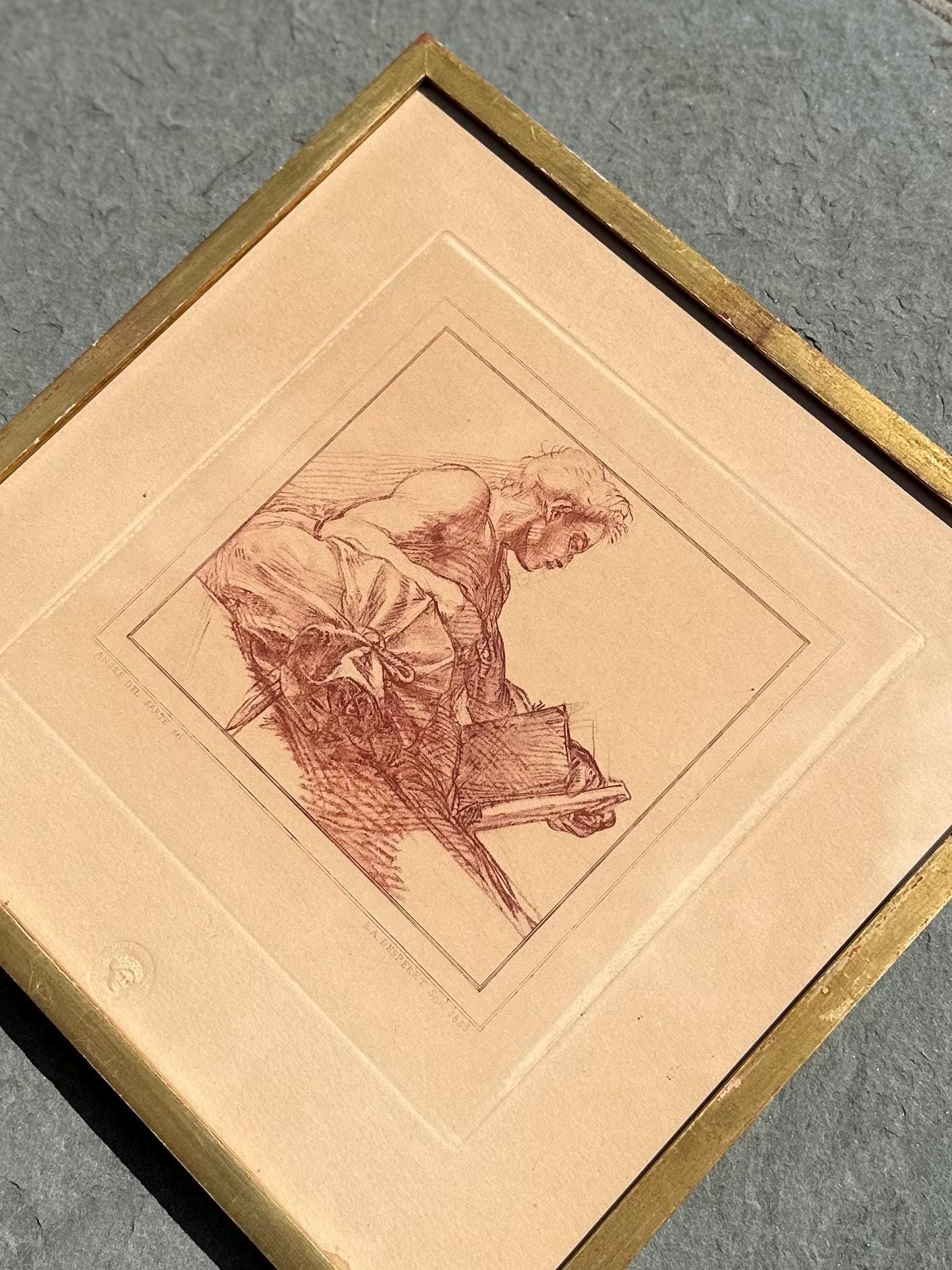 Vintage Framed French Engraving Andre del Sarte Bust of a Man E.A. Desperet 1853 Issued by Musee Louvre Chalcographie Seal 12.5x12.6”