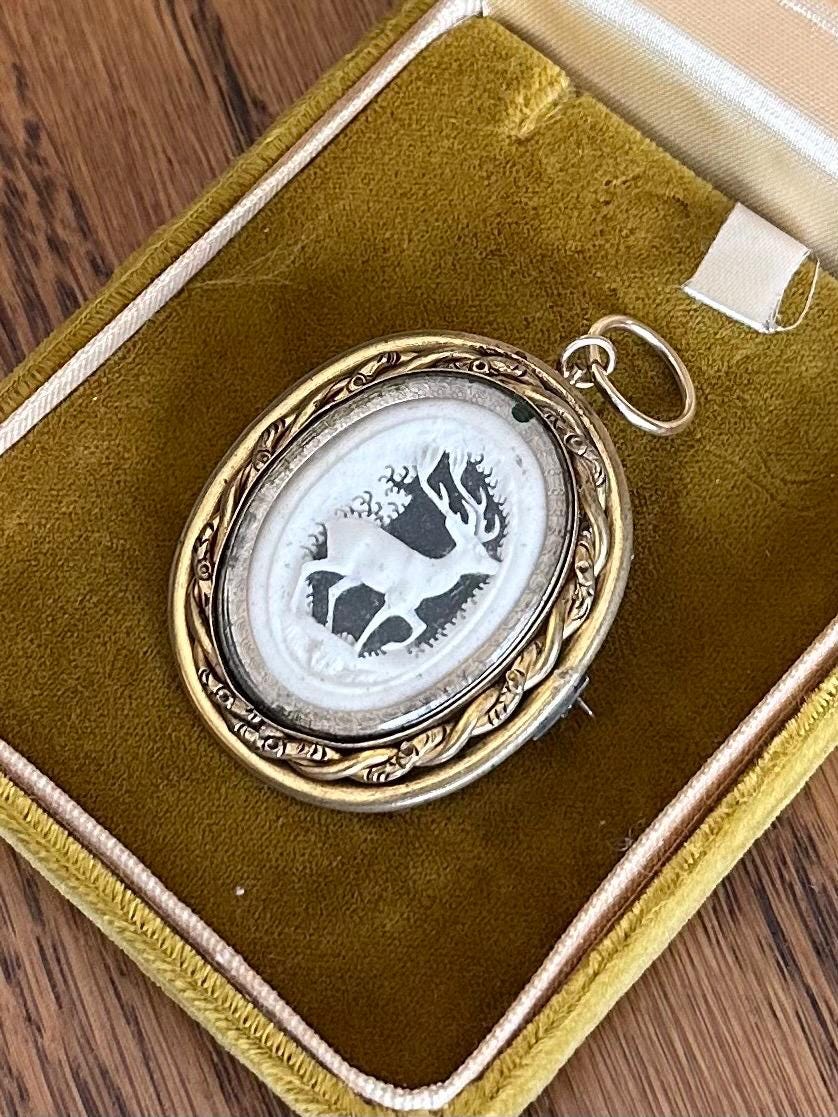 ANTIQUE Victorian Hand Carved Shell Stag Deer Pictorial Landscape Gold Tone Gilt Metal Pinchbeck Brooch or Pendant C-Clasp