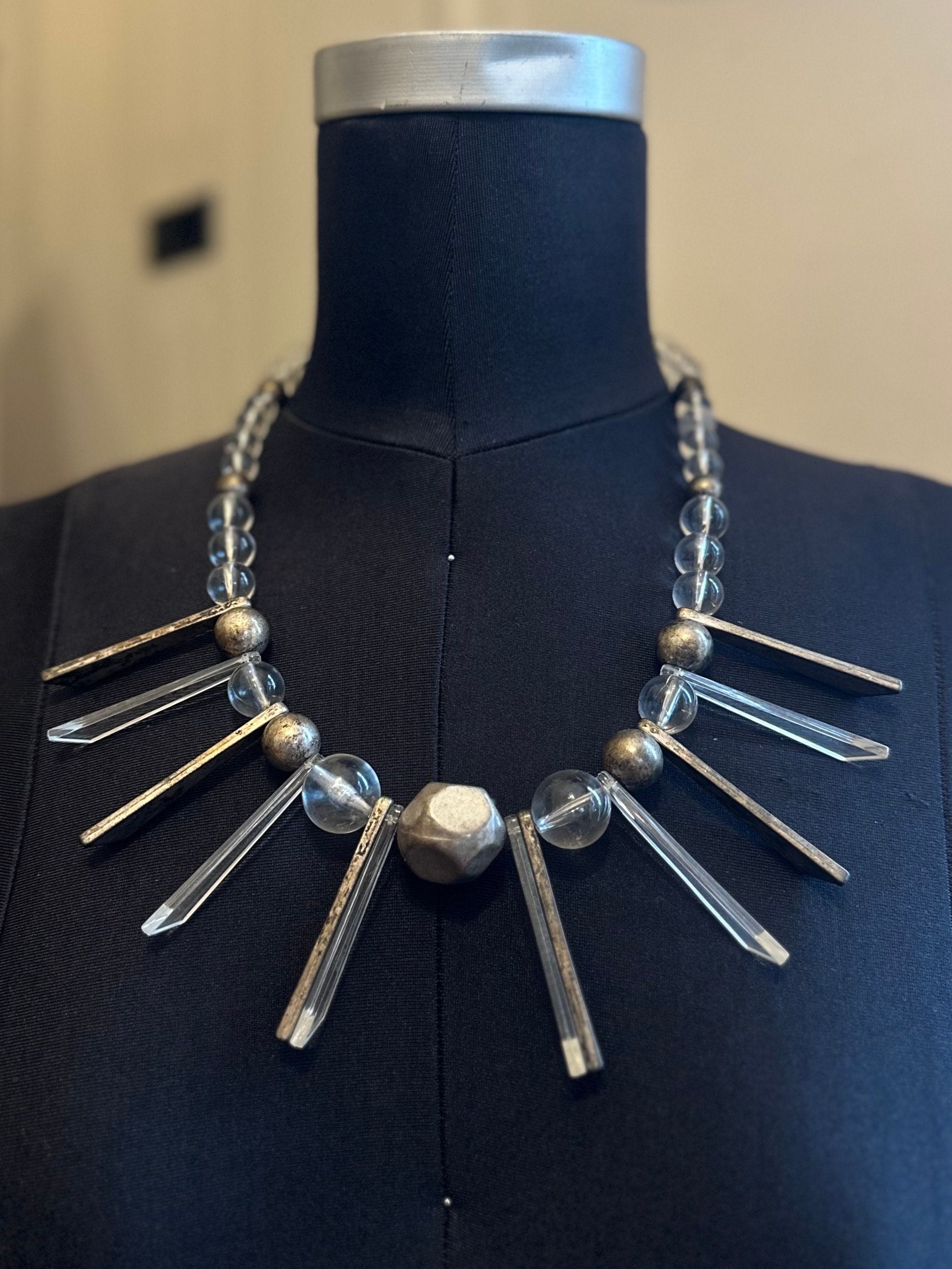 Rare Vintage 1950s Geometric Daggers & Clear Lucite Silver Tone Graduated Beaded Collar Necklace | Avant Garde Couture Statement Jewelry