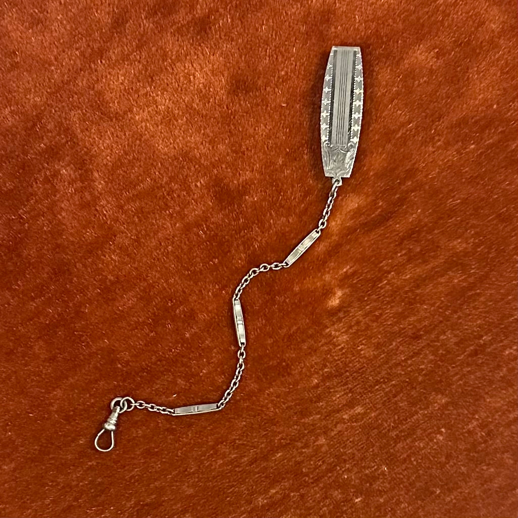 Antique 1923 Art Deco Signed GLP Co. George L Paine Silver Tone Engraved Belt Loop Watch Chain Dog Clip Clasp