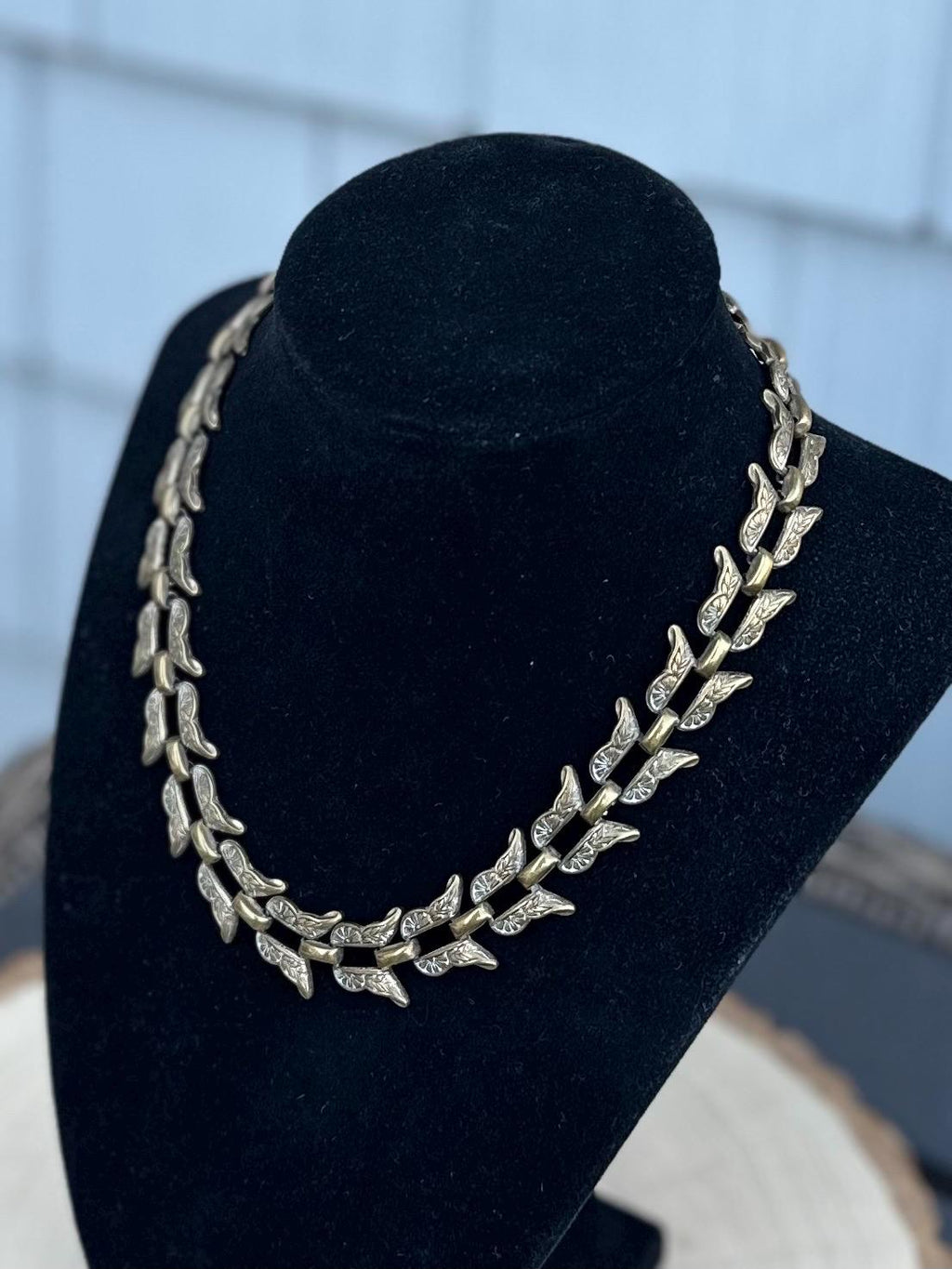 Vintage 1940s 1950s Signed BY MARINO Bronze Tone Floral Etched Link Chain Necklace RARE Midcentury 15.75”