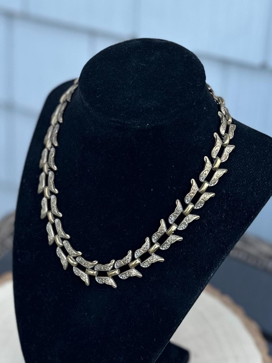 Vintage 1940s 1950s Signed BY MARINO Bronze Tone Floral Etched Link Chain Necklace RARE Midcentury 15.75”