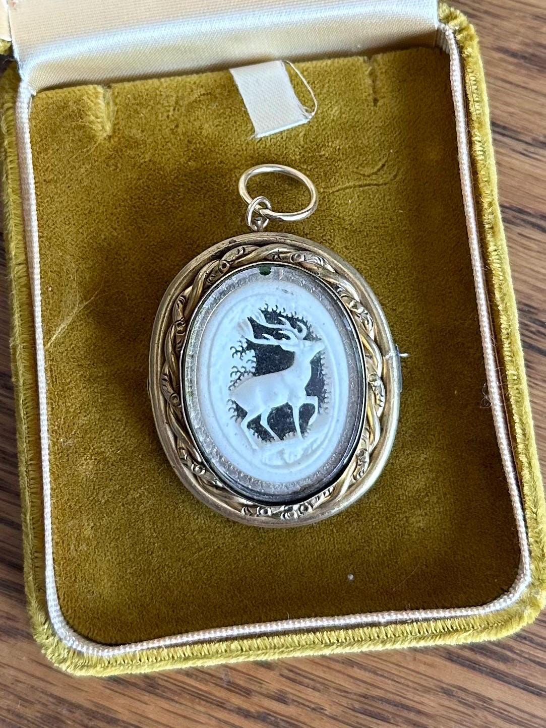 ANTIQUE Victorian Hand Carved Shell Stag Deer Pictorial Landscape Gold Tone Gilt Metal Pinchbeck Brooch or Pendant C-Clasp