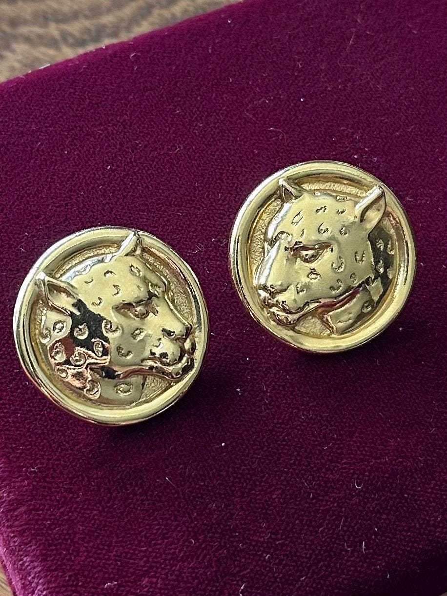 Vintage 1980s 1990s Gold Tone Large Leopard Cheetah Pierced Statement Earrings