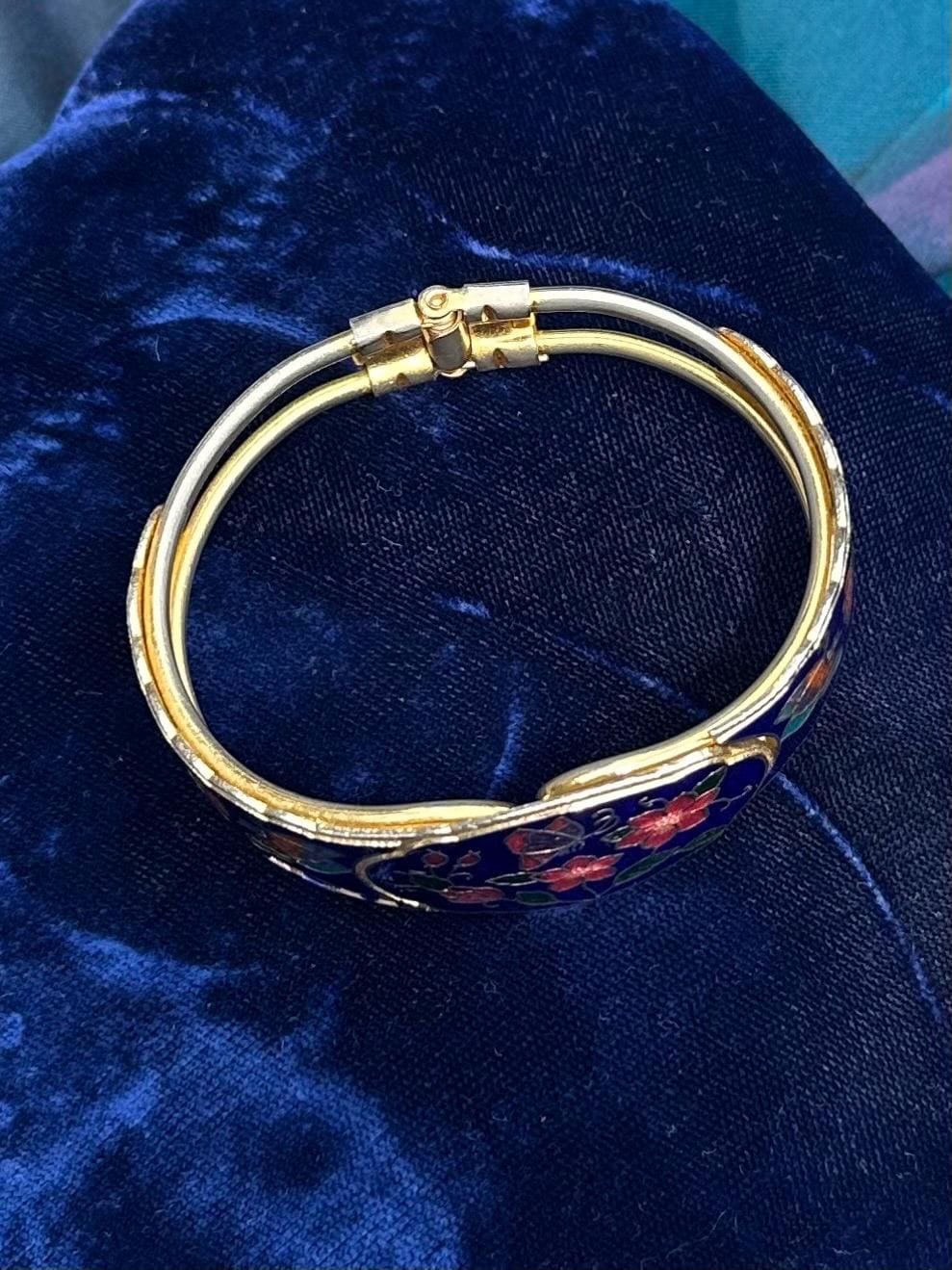 Vintage Cloisonne Enamel Blue Multicolor Butterfly Floral Clamper Bangle Bracelet