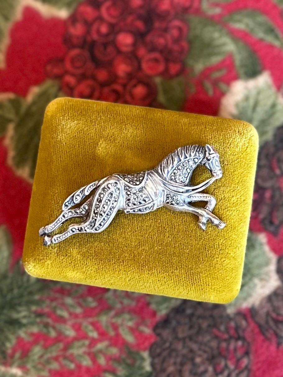 Vintage 1980s 1990s Signed BOMA Sterling Silver & Marcasite Galloping Horse with Reigns Brooch Equestrian