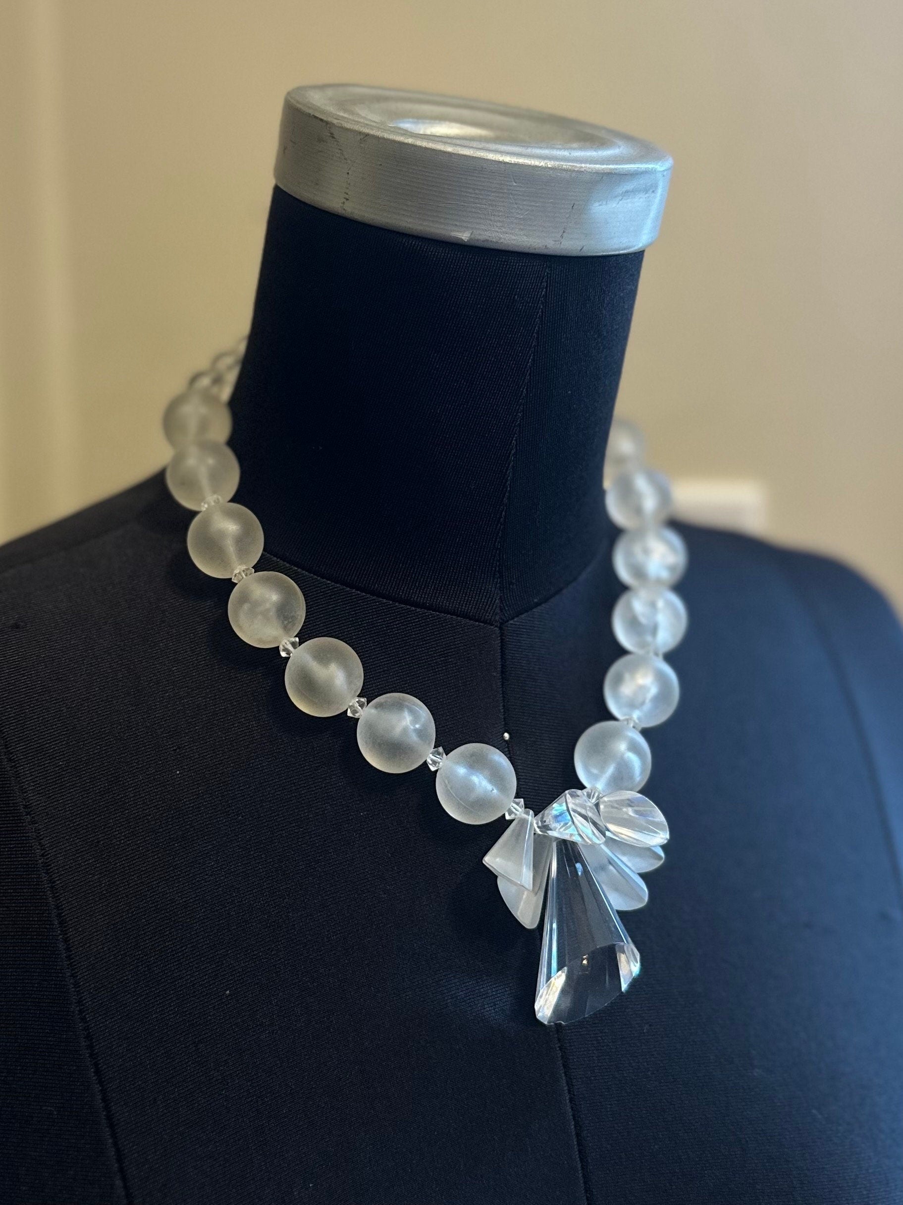 Rare Vintage 1950s Clear & Frosted Graduated Lucite and Faceted Lucite Cone Beaded Collar Necklace | Avant Garde Couture Statement Jewelry