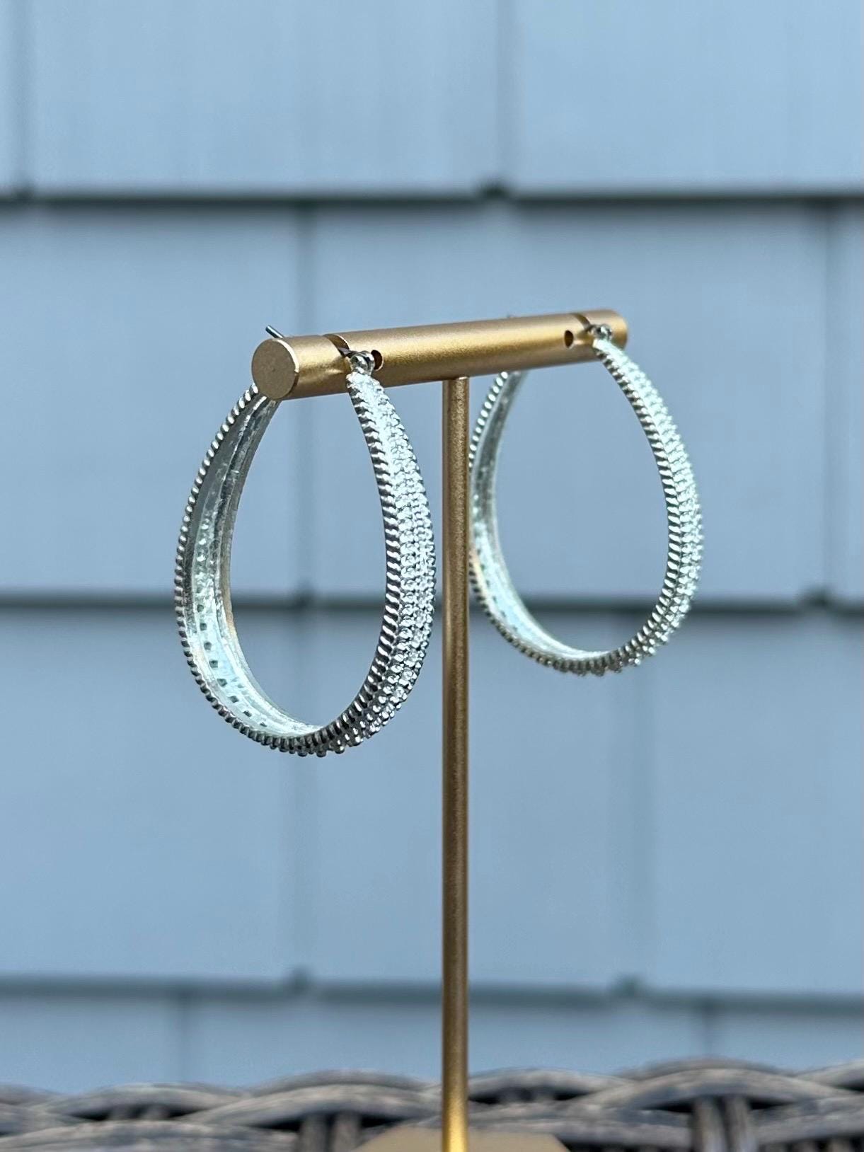 Vintage Silver Tone Textured Oval Hoop Earrings Dangle Medium Size