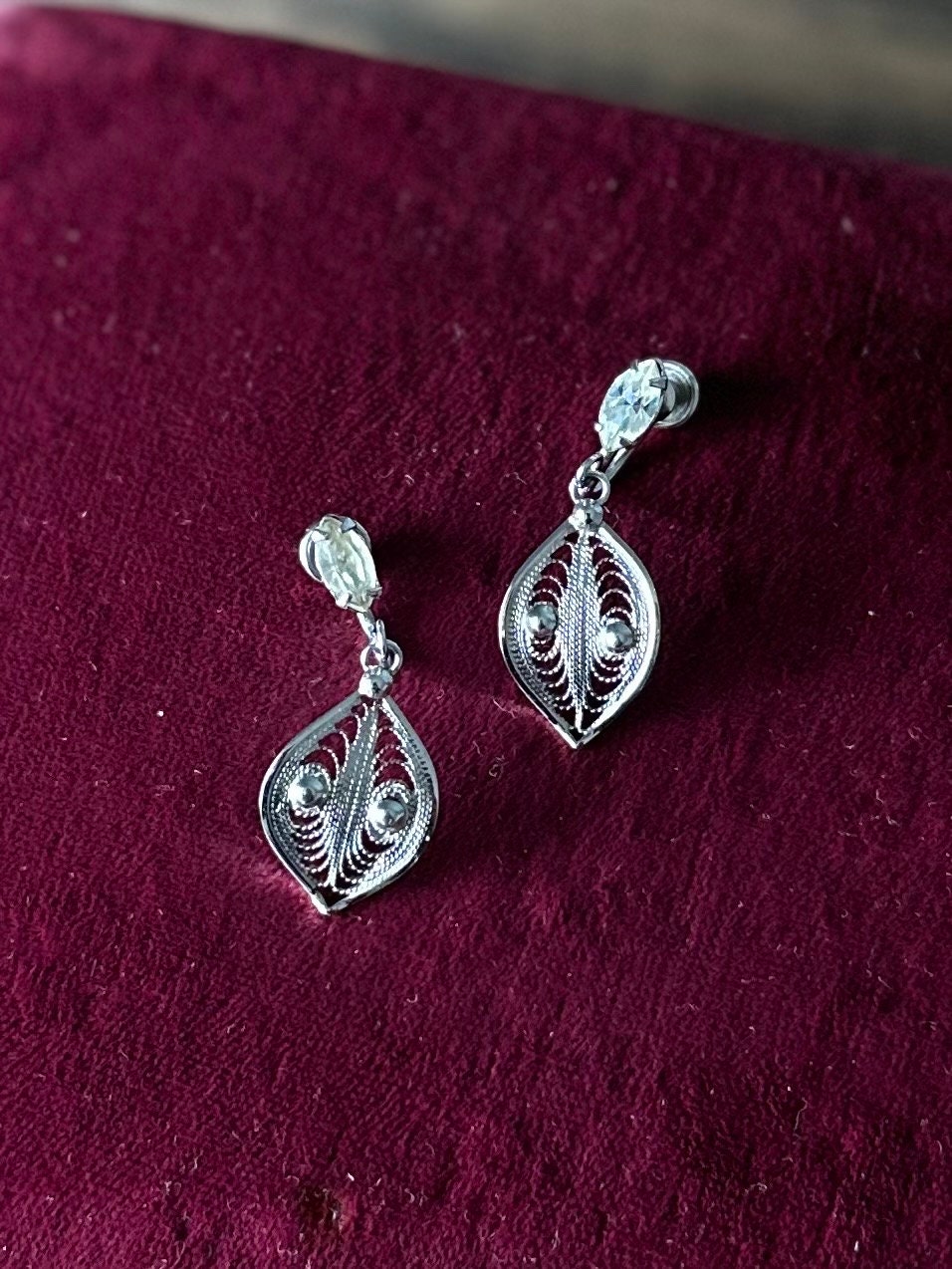 Vintage 1950s Signed ESPO FLEX Sterling Silver Filigree & Marquise Rhinestone Screw-back Earrings