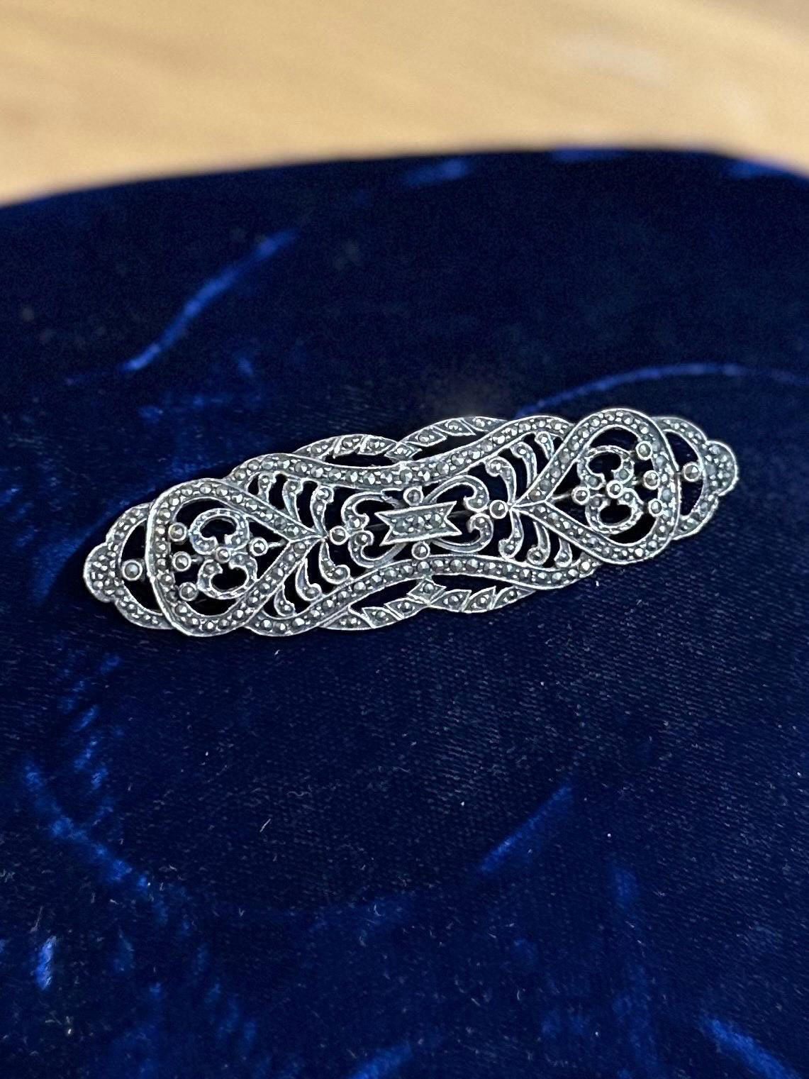 Vintage Art Deco Revival Sterling Silver & Marcasite Ornate Large Oblong Brooch Statement