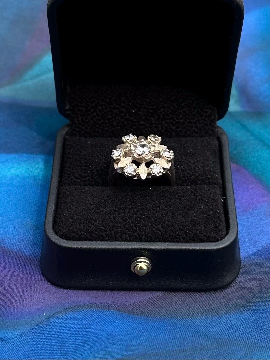 Vintage Circa 1950s Sterling Silver Simulated Diamond CZ Halo Cluster Floral Statement Ring US Size 6 3/4