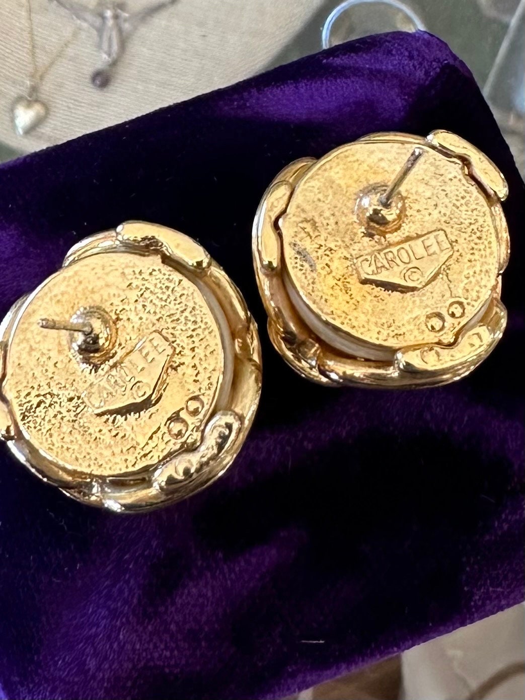 Vintage 1990s Signed Carolee Gold Plated Caged Faux Pearl Stud Earrings