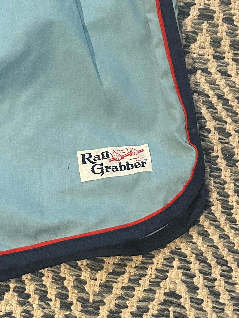Vintage 1980s Deadstock NOS Rail Grabber Light Blue Red & Navy Striped Men's Swim Trunks Short Shorts