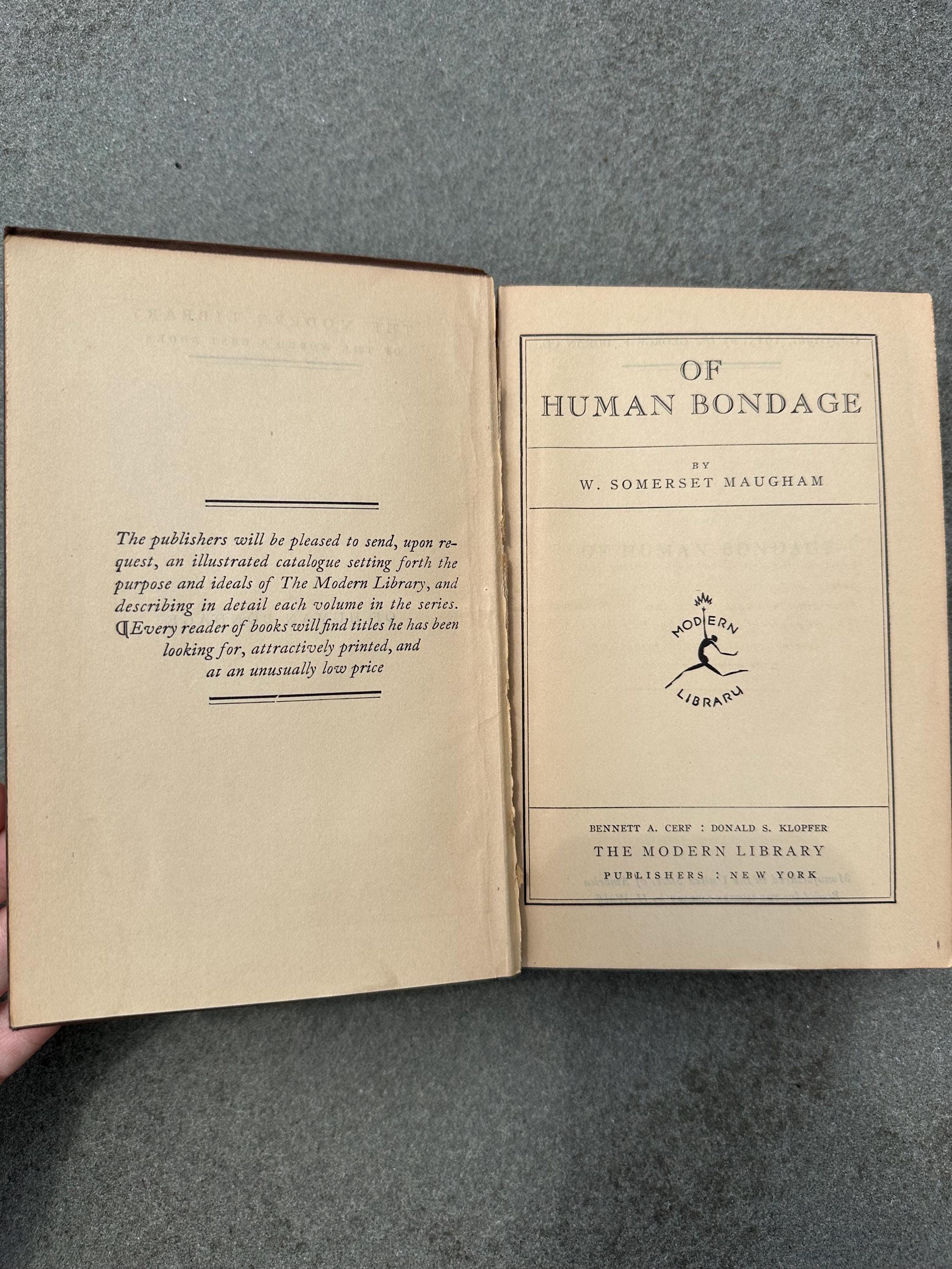 Antique 1915 Of Human Bondage Hardcover Book by W. Somerset Maugham The Modern Library